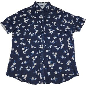 Denim & Flower Linen Shirt Sz L Short Sleeve Blue Floral Button Down Vacation
